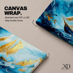 A panoramic abstract painting of a sailboat navigating powerful ocean waves, with sweeping blue tones and textured brushstrokes, featuring gold accented sails catching light as they rise against dynamic water movement, creating depth, motion, and contrast across an extra wide seascape composition.