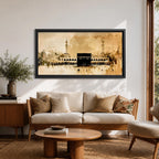 A panoramic minimalist painting of the Kaaba in Mecca with soft beige and neutral tones, featuring subtle architectural details and a calm atmospheric background.