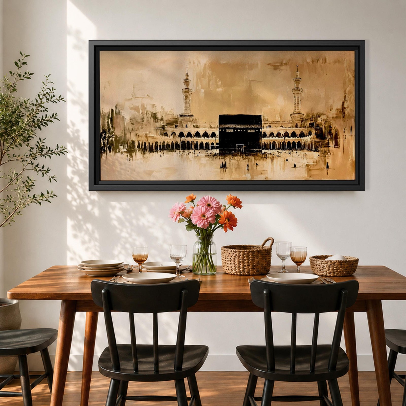 A panoramic minimalist painting of the Kaaba in Mecca with soft beige and neutral tones, featuring subtle architectural details and a calm atmospheric background.