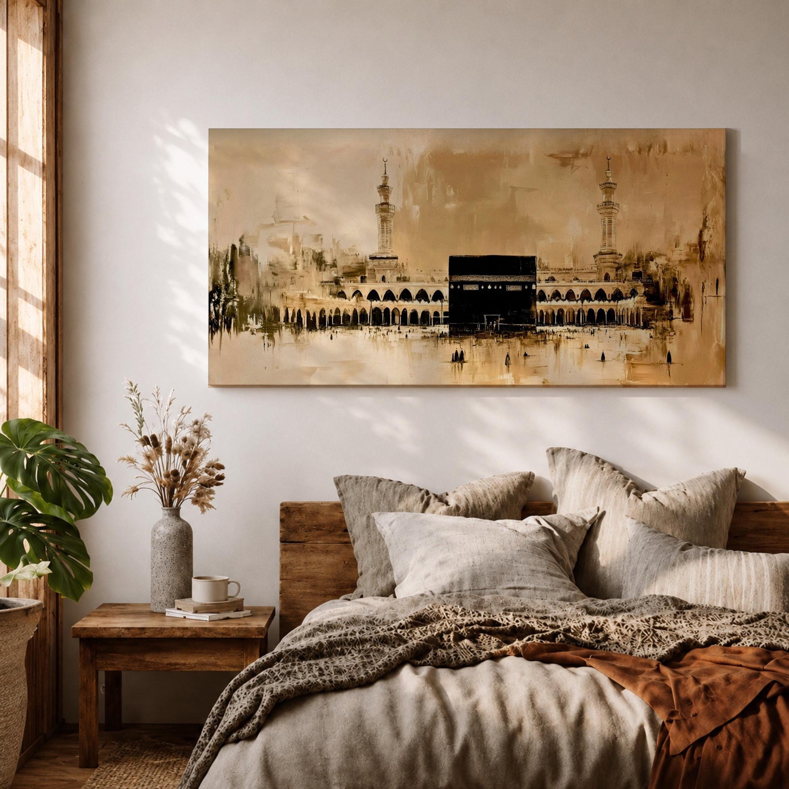 A panoramic minimalist painting of the Kaaba in Mecca with soft beige and neutral tones, featuring subtle architectural details and a calm atmospheric background.