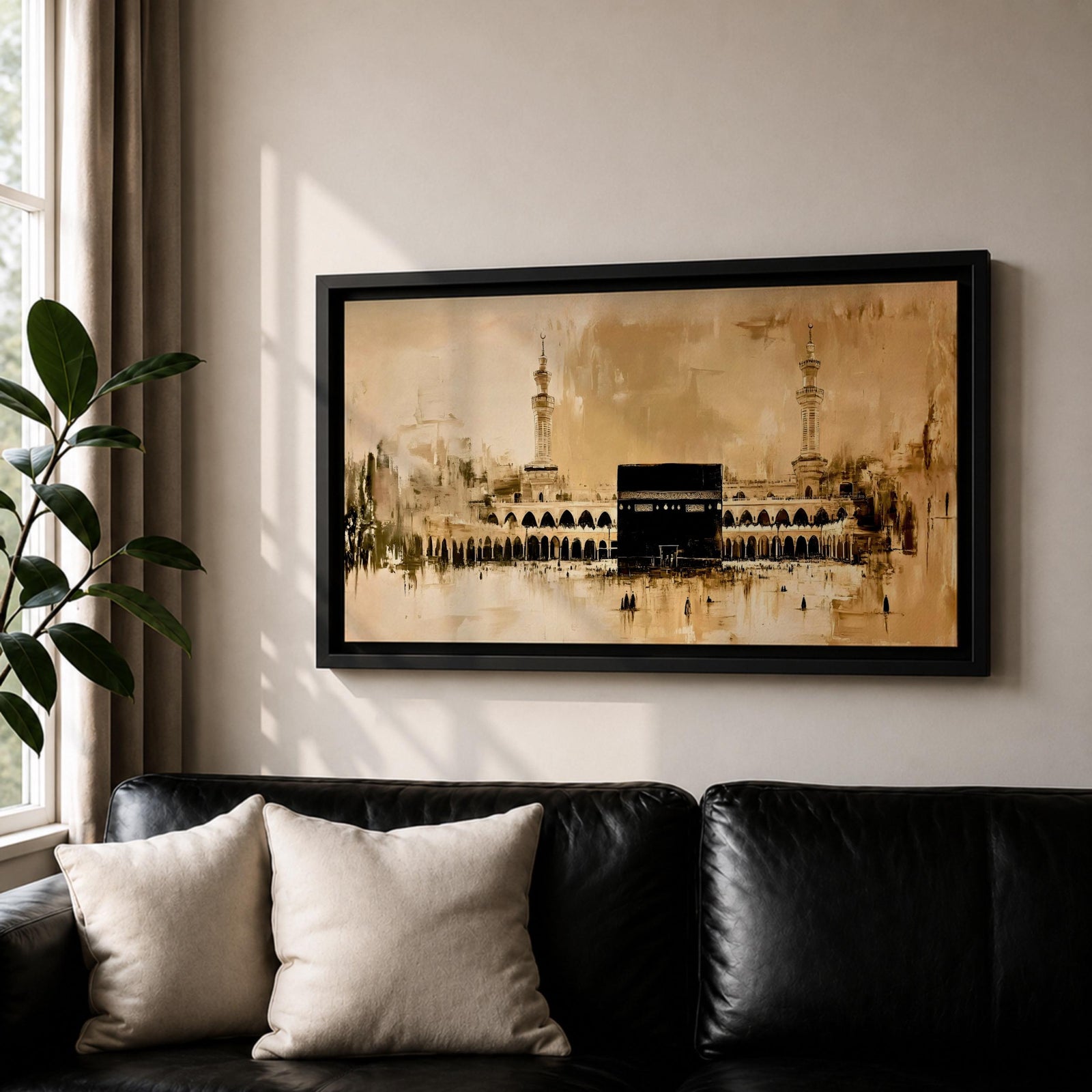 A panoramic minimalist painting of the Kaaba in Mecca with soft beige and neutral tones, featuring subtle architectural details and a calm atmospheric background.