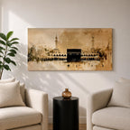 A panoramic minimalist painting of the Kaaba in Mecca with soft beige and neutral tones, featuring subtle architectural details and a calm atmospheric background.