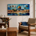 A panoramic abstract painting of the Dome of the Rock in Jerusalem featuring its golden dome centered among palm trees and stone walls, reflected in water below, with vivid blue skies and expressive brushstrokes creating texture, depth, and a dynamic interpretation of historic Islamic architecture.
