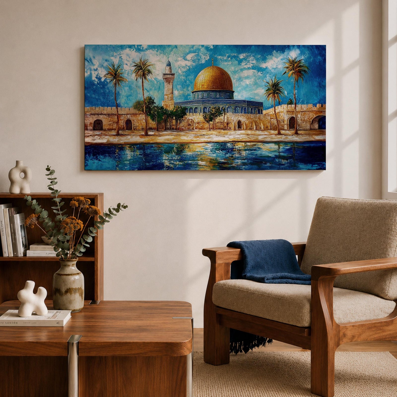 A panoramic abstract painting of the Dome of the Rock in Jerusalem featuring its golden dome centered among palm trees and stone walls, reflected in water below, with vivid blue skies and expressive brushstrokes creating texture, depth, and a dynamic interpretation of historic Islamic architecture.