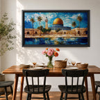 A panoramic abstract painting of the Dome of the Rock in Jerusalem featuring its golden dome centered among palm trees and stone walls, reflected in water below, with vivid blue skies and expressive brushstrokes creating texture, depth, and a dynamic interpretation of historic Islamic architecture.