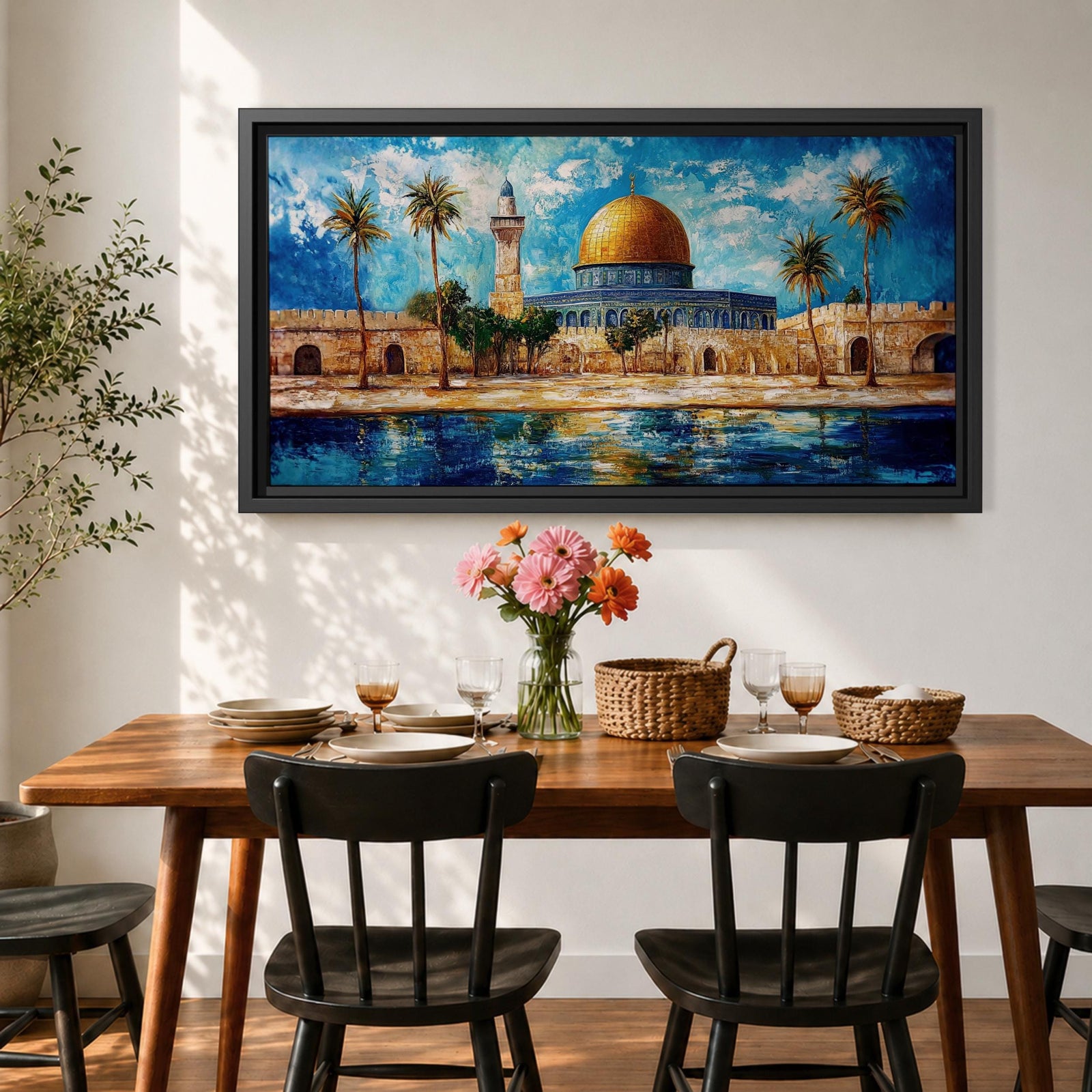 A panoramic abstract painting of the Dome of the Rock in Jerusalem featuring its golden dome centered among palm trees and stone walls, reflected in water below, with vivid blue skies and expressive brushstrokes creating texture, depth, and a dynamic interpretation of historic Islamic architecture.