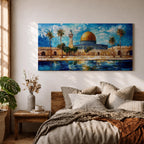 A panoramic abstract painting of the Dome of the Rock in Jerusalem featuring its golden dome centered among palm trees and stone walls, reflected in water below, with vivid blue skies and expressive brushstrokes creating texture, depth, and a dynamic interpretation of historic Islamic architecture.