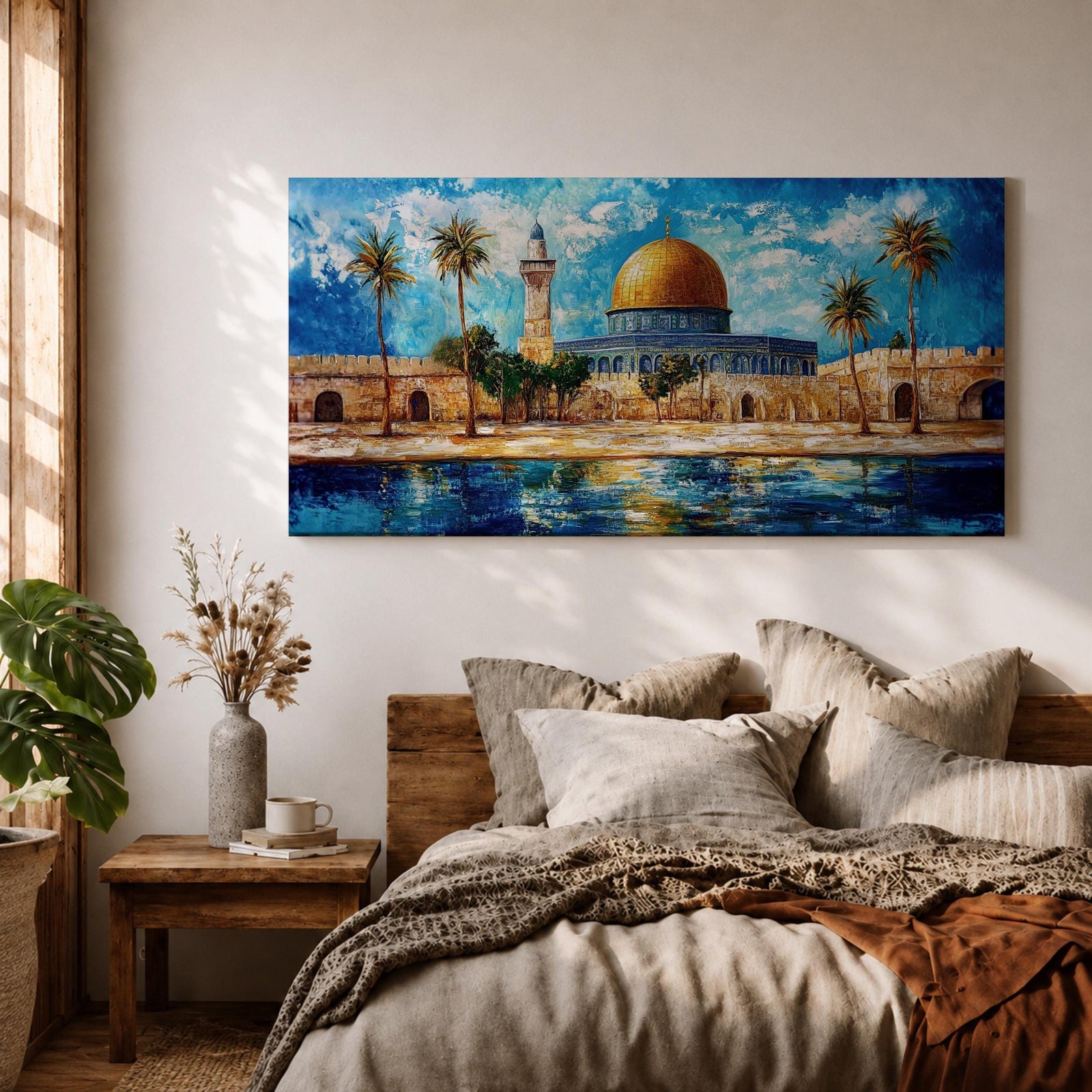 A panoramic abstract painting of the Dome of the Rock in Jerusalem featuring its golden dome centered among palm trees and stone walls, reflected in water below, with vivid blue skies and expressive brushstrokes creating texture, depth, and a dynamic interpretation of historic Islamic architecture.