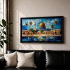 A panoramic abstract painting of the Dome of the Rock in Jerusalem featuring its golden dome centered among palm trees and stone walls, reflected in water below, with vivid blue skies and expressive brushstrokes creating texture, depth, and a dynamic interpretation of historic Islamic architecture.