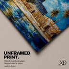 A panoramic abstract painting of the Dome of the Rock in Jerusalem featuring its golden dome centered among palm trees and stone walls, reflected in water below, with vivid blue skies and expressive brushstrokes creating texture, depth, and a dynamic interpretation of historic Islamic architecture.