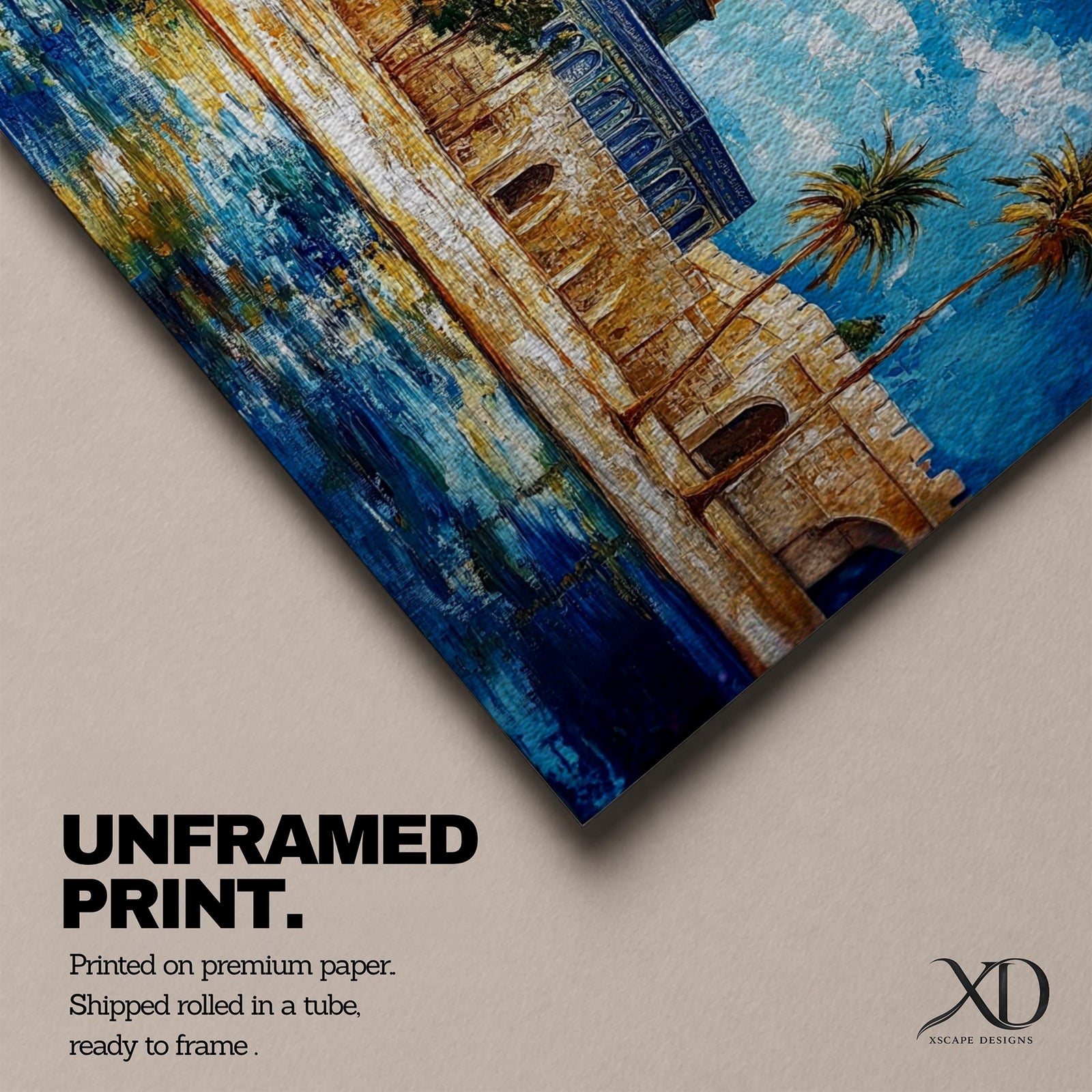 A panoramic abstract painting of the Dome of the Rock in Jerusalem featuring its golden dome centered among palm trees and stone walls, reflected in water below, with vivid blue skies and expressive brushstrokes creating texture, depth, and a dynamic interpretation of historic Islamic architecture.