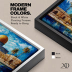 A panoramic abstract painting of the Dome of the Rock in Jerusalem featuring its golden dome centered among palm trees and stone walls, reflected in water below, with vivid blue skies and expressive brushstrokes creating texture, depth, and a dynamic interpretation of historic Islamic architecture.