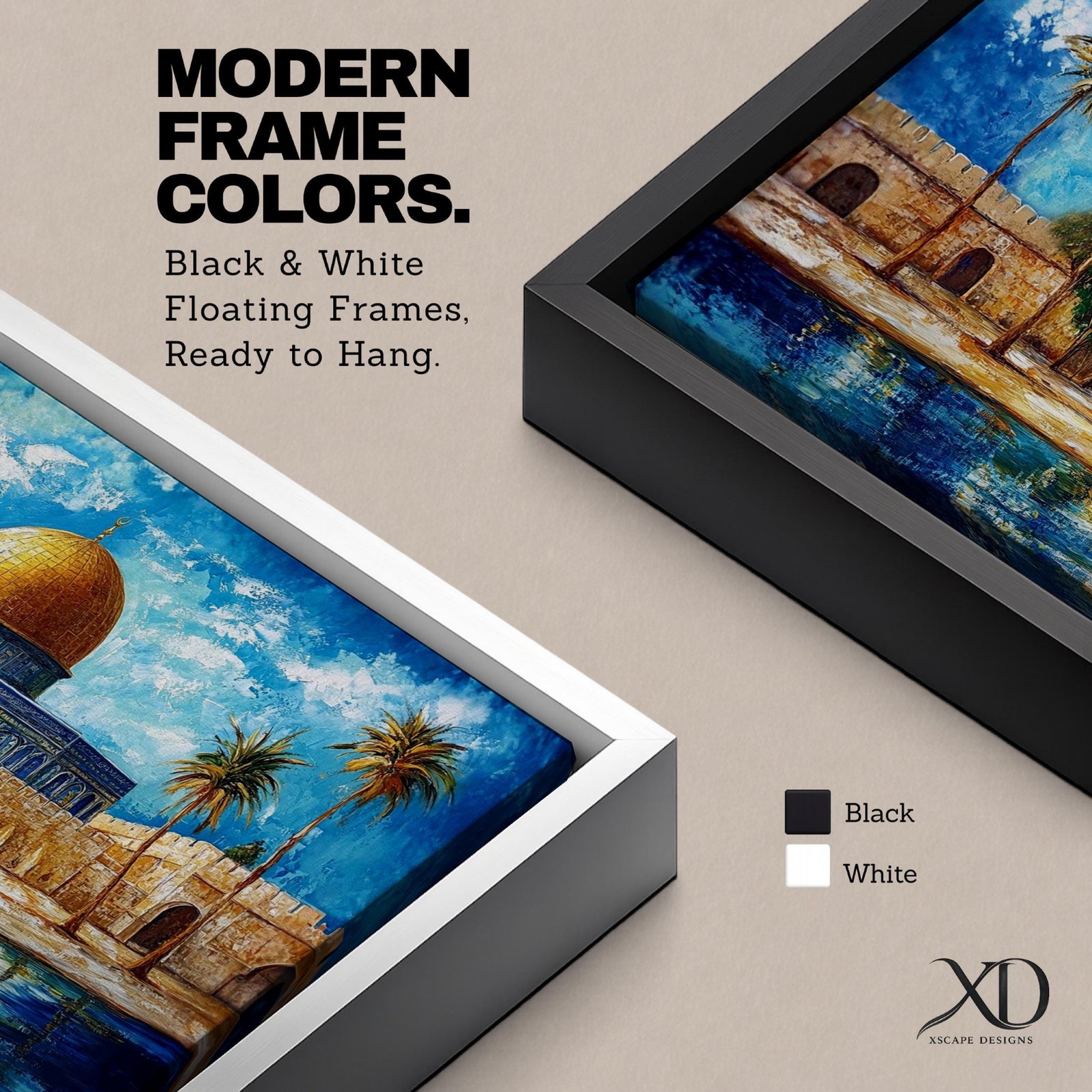 A panoramic abstract painting of the Dome of the Rock in Jerusalem featuring its golden dome centered among palm trees and stone walls, reflected in water below, with vivid blue skies and expressive brushstrokes creating texture, depth, and a dynamic interpretation of historic Islamic architecture.