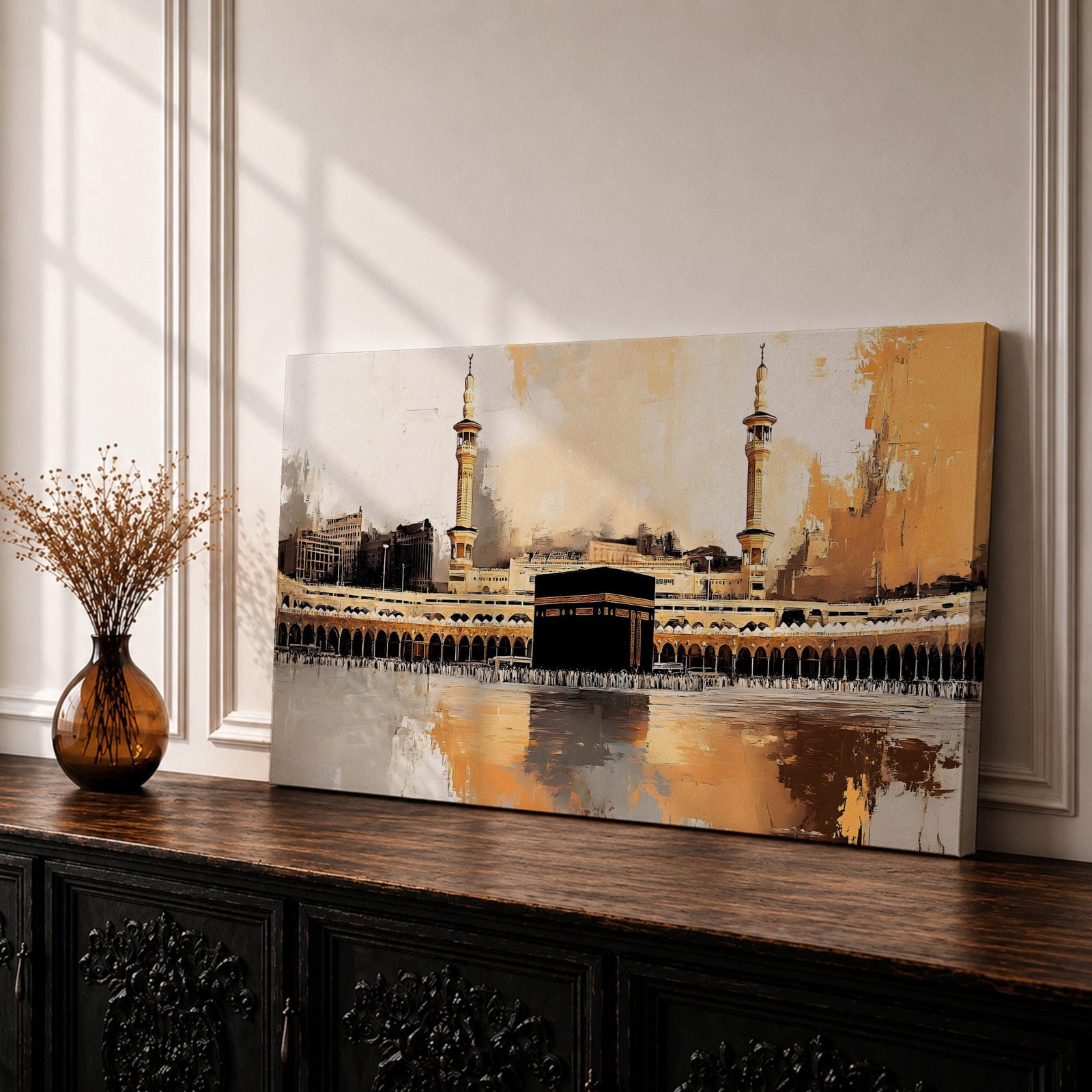 A panoramic abstract painting of the Kaaba at Masjid al Haram centered within a vast courtyard, surrounded by repeating arches and tall minarets, rendered with expressive brushstrokes, textured layers, and warm tonal contrasts that emphasize reflection, symmetry, and a modern interpretation of sacred architecture.