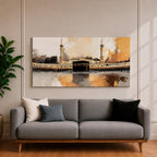 A panoramic abstract painting of the Kaaba at Masjid al Haram centered within a vast courtyard, surrounded by repeating arches and tall minarets, rendered with expressive brushstrokes, textured layers, and warm tonal contrasts that emphasize reflection, symmetry, and a modern interpretation of sacred architecture.