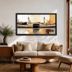 A panoramic abstract painting of the Kaaba at Masjid al Haram centered within a vast courtyard, surrounded by repeating arches and tall minarets, rendered with expressive brushstrokes, textured layers, and warm tonal contrasts that emphasize reflection, symmetry, and a modern interpretation of sacred architecture.