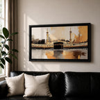A panoramic abstract painting of the Kaaba at Masjid al Haram centered within a vast courtyard, surrounded by repeating arches and tall minarets, rendered with expressive brushstrokes, textured layers, and warm tonal contrasts that emphasize reflection, symmetry, and a modern interpretation of sacred architecture.