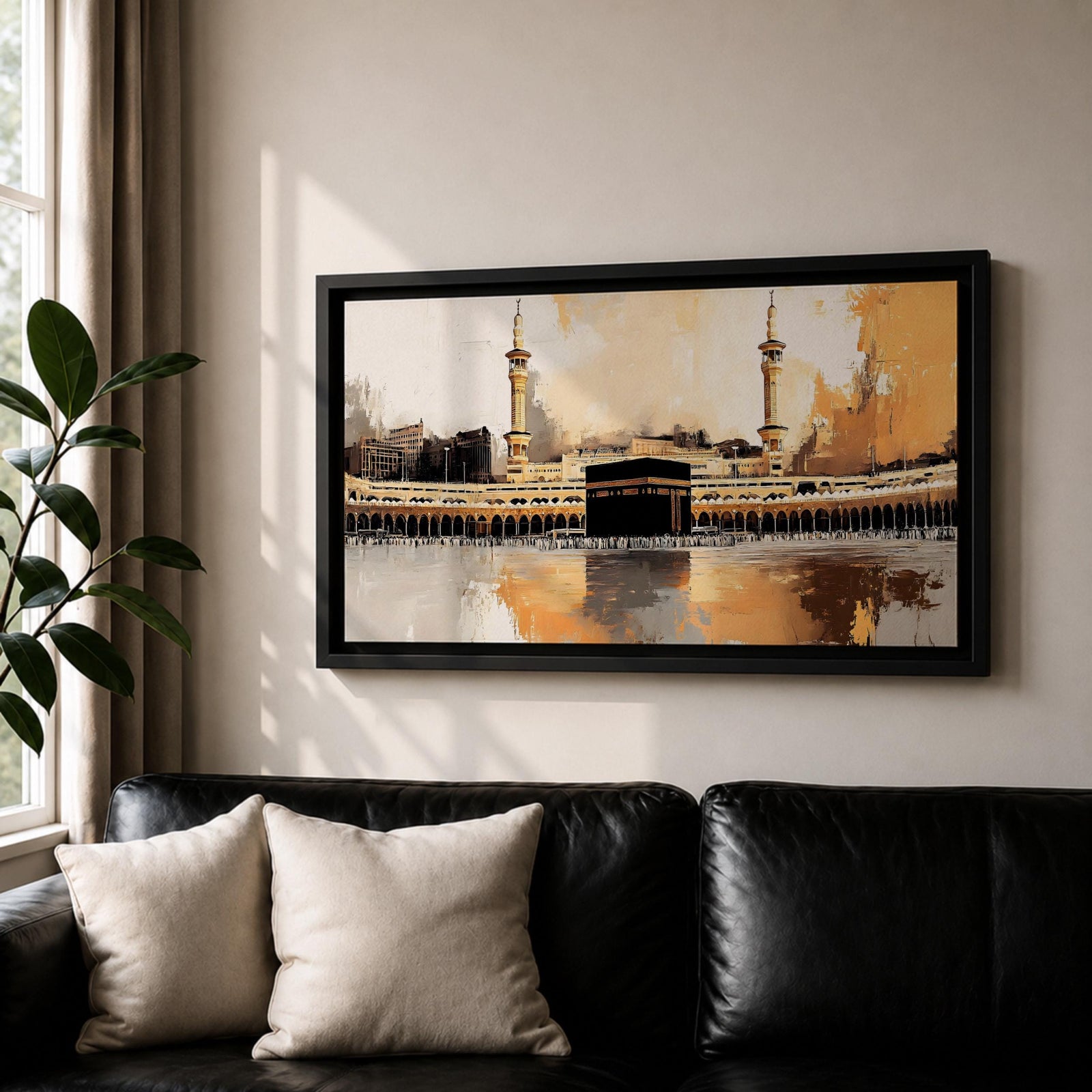 A panoramic abstract painting of the Kaaba at Masjid al Haram centered within a vast courtyard, surrounded by repeating arches and tall minarets, rendered with expressive brushstrokes, textured layers, and warm tonal contrasts that emphasize reflection, symmetry, and a modern interpretation of sacred architecture.