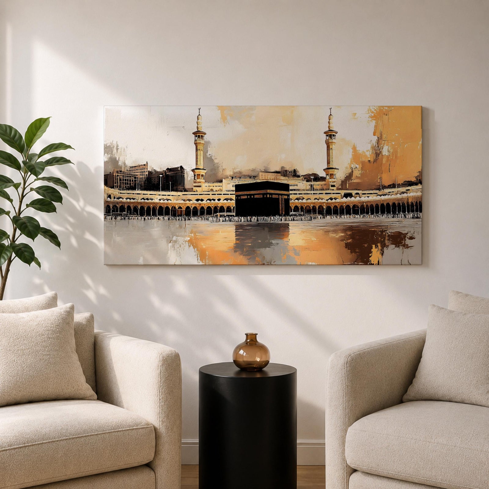 A panoramic abstract painting of the Kaaba at Masjid al Haram centered within a vast courtyard, surrounded by repeating arches and tall minarets, rendered with expressive brushstrokes, textured layers, and warm tonal contrasts that emphasize reflection, symmetry, and a modern interpretation of sacred architecture.