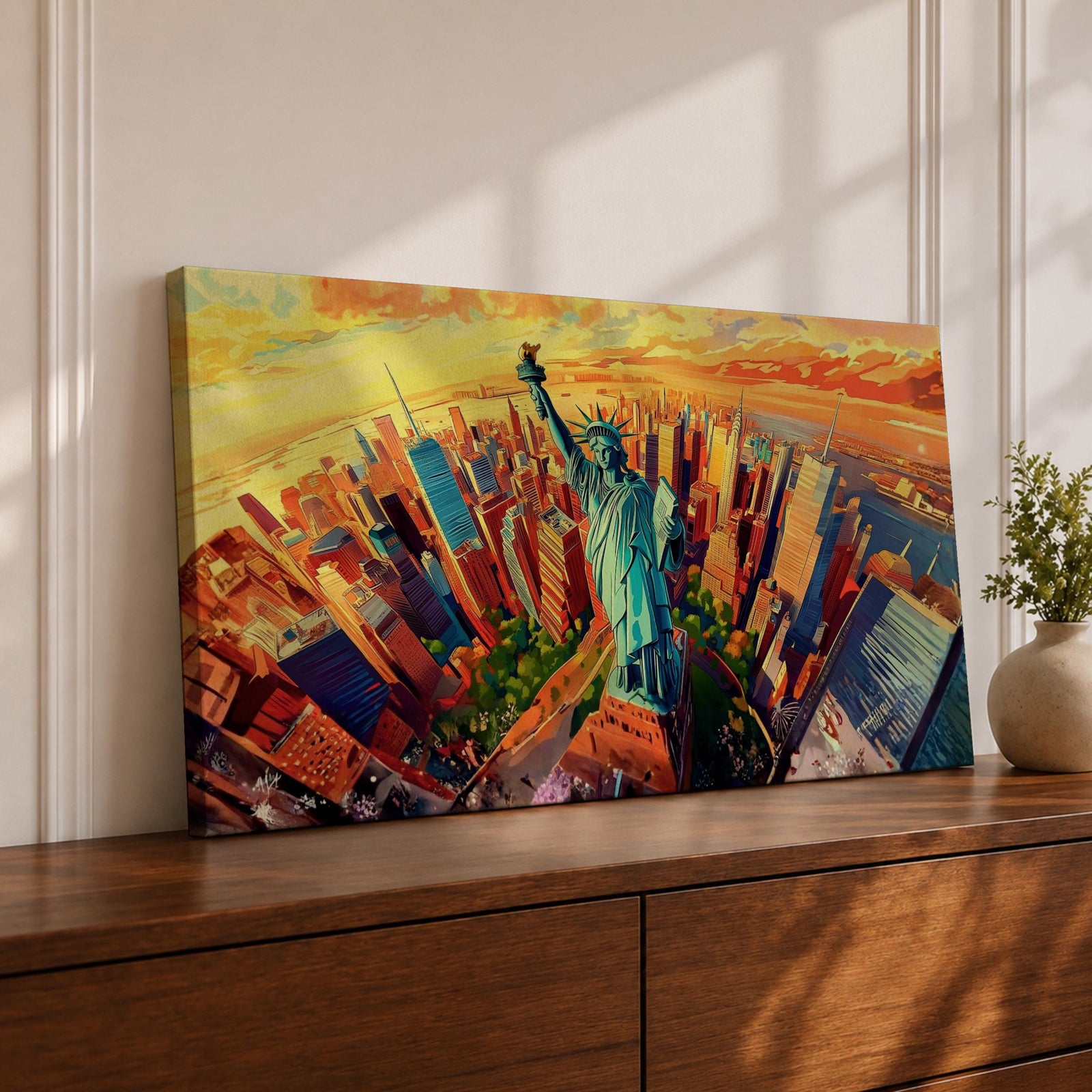A panoramic vibrant painting of the Statue of Liberty rising above a sweeping aerial view of the New York City skyline at sunset, with bold geometric buildings in warm oranges and reds, contrasted by cool blues of water and sky, rendered in dynamic brushstrokes that create depth, movement, and a dramatic cityscape composition.