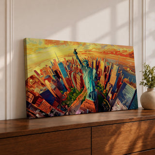 A panoramic vibrant painting of the Statue of Liberty rising above a sweeping aerial view of the New York City skyline at sunset, with bold geometric buildings in warm oranges and reds, contrasted by cool blues of water and sky, rendered in dynamic brushstrokes that create depth, movement, and a dramatic cityscape composition.