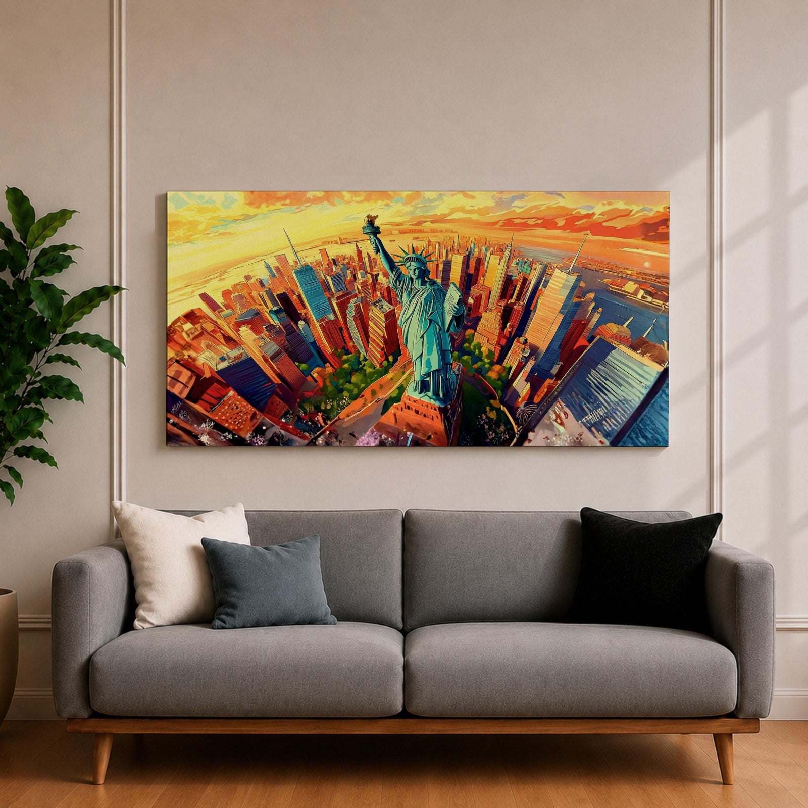 A panoramic vibrant painting of the Statue of Liberty rising above a sweeping aerial view of the New York City skyline at sunset, with bold geometric buildings in warm oranges and reds, contrasted by cool blues of water and sky, rendered in dynamic brushstrokes that create depth, movement, and a dramatic cityscape composition.