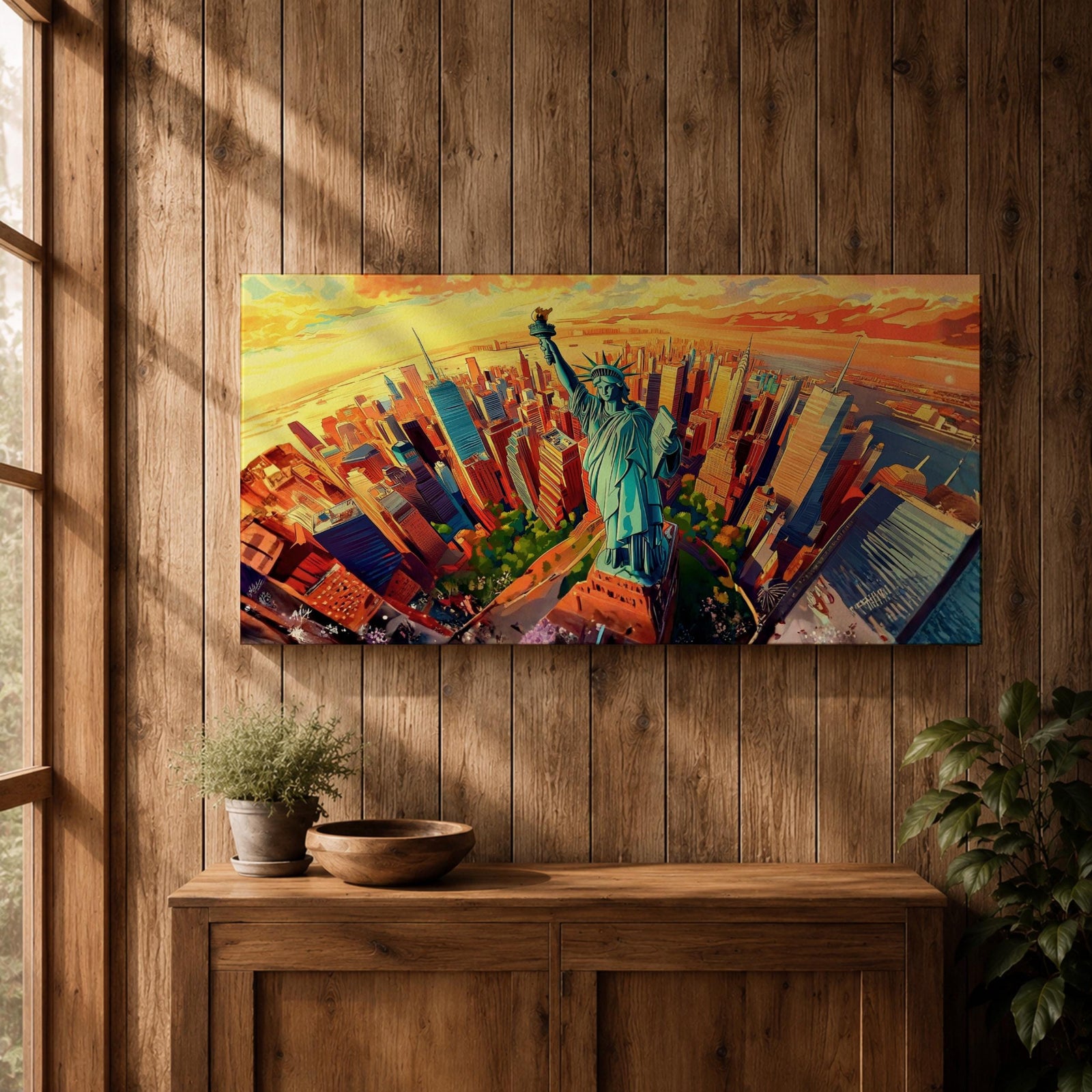 A panoramic vibrant painting of the Statue of Liberty rising above a sweeping aerial view of the New York City skyline at sunset, with bold geometric buildings in warm oranges and reds, contrasted by cool blues of water and sky, rendered in dynamic brushstrokes that create depth, movement, and a dramatic cityscape composition.