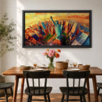 A panoramic vibrant painting of the Statue of Liberty rising above a sweeping aerial view of the New York City skyline at sunset, with bold geometric buildings in warm oranges and reds, contrasted by cool blues of water and sky, rendered in dynamic brushstrokes that create depth, movement, and a dramatic cityscape composition.