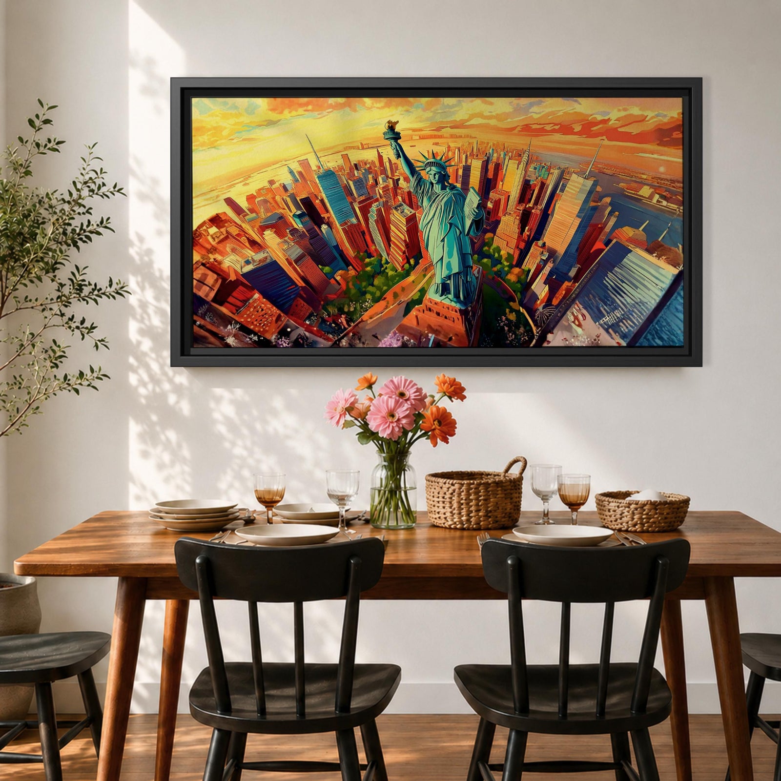 A panoramic vibrant painting of the Statue of Liberty rising above a sweeping aerial view of the New York City skyline at sunset, with bold geometric buildings in warm oranges and reds, contrasted by cool blues of water and sky, rendered in dynamic brushstrokes that create depth, movement, and a dramatic cityscape composition.