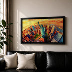 A panoramic vibrant painting of the Statue of Liberty rising above a sweeping aerial view of the New York City skyline at sunset, with bold geometric buildings in warm oranges and reds, contrasted by cool blues of water and sky, rendered in dynamic brushstrokes that create depth, movement, and a dramatic cityscape composition.