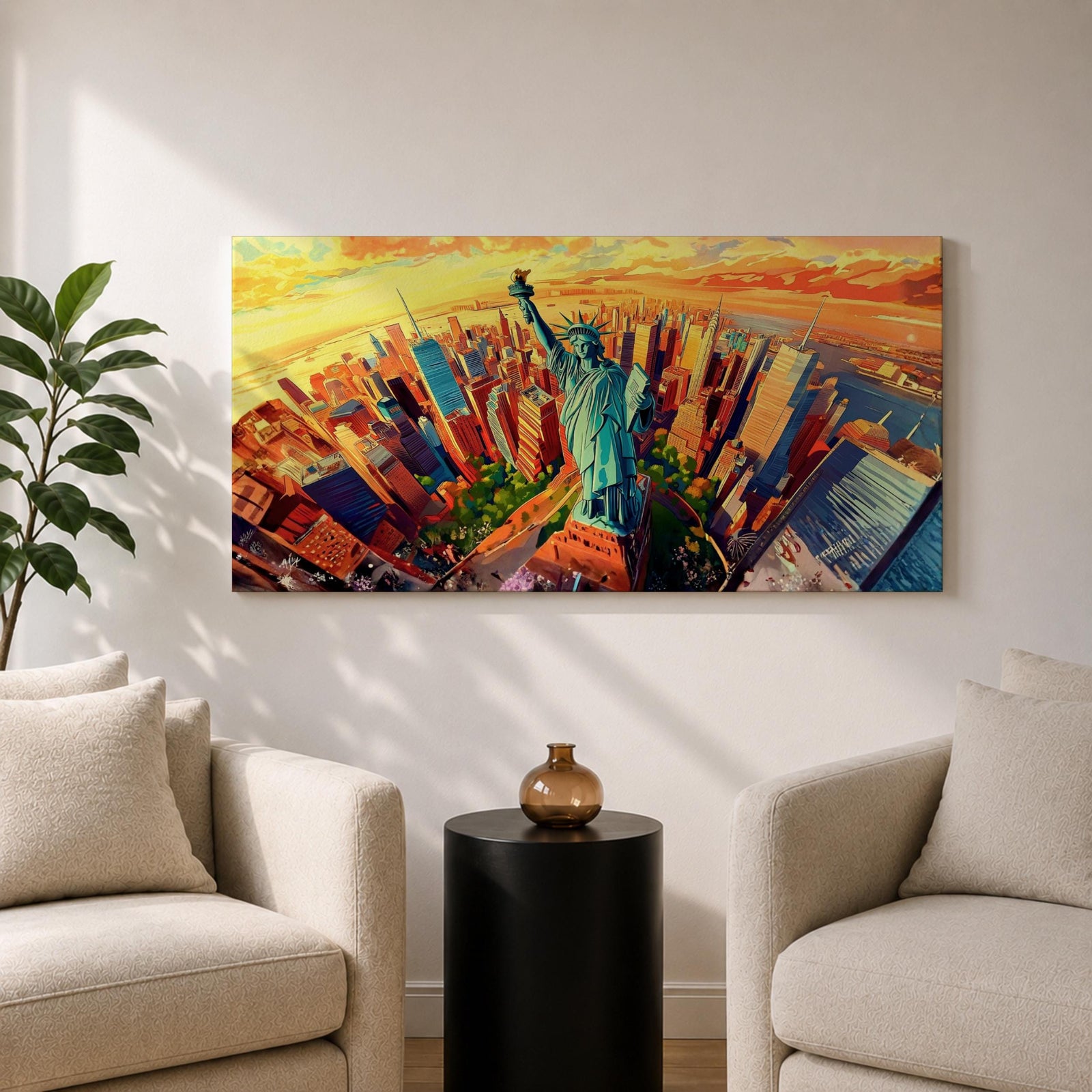 A panoramic vibrant painting of the Statue of Liberty rising above a sweeping aerial view of the New York City skyline at sunset, with bold geometric buildings in warm oranges and reds, contrasted by cool blues of water and sky, rendered in dynamic brushstrokes that create depth, movement, and a dramatic cityscape composition.