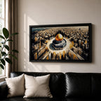 A panoramic expressive painting of Masjid Al Aqsa with its golden dome centered within a sweeping aerial view of Jerusalem, surrounded by dense architectural forms rendered in textured strokes, with dynamic lines and contrasting tones that create movement, depth, and a dramatic cityscape composition.
