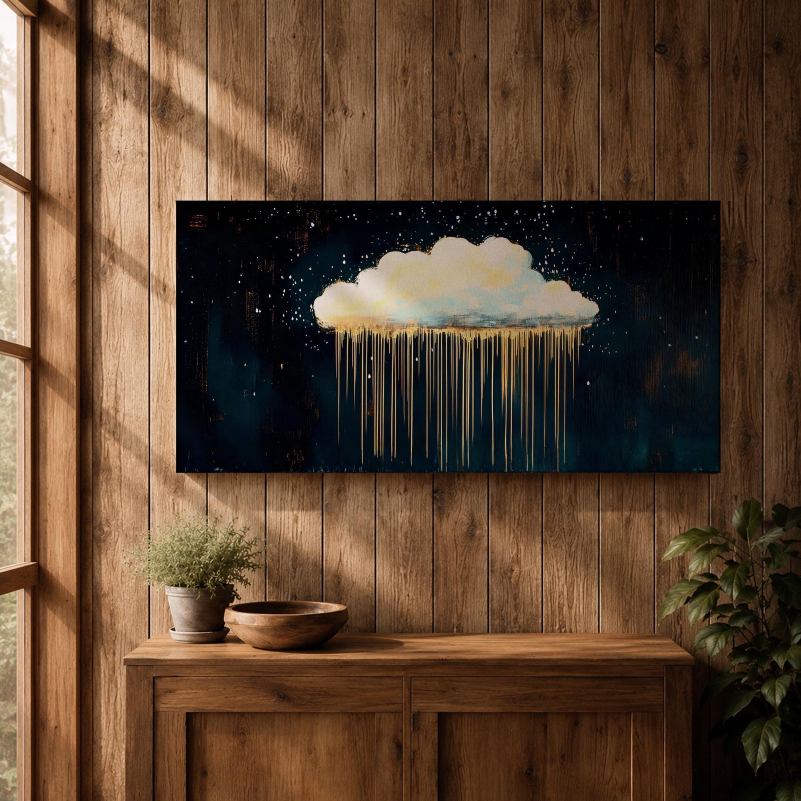 Cloud Panoramic Wall Art Abstract Gold Rain Extra Wide Framed Canvas Night Sky Decor