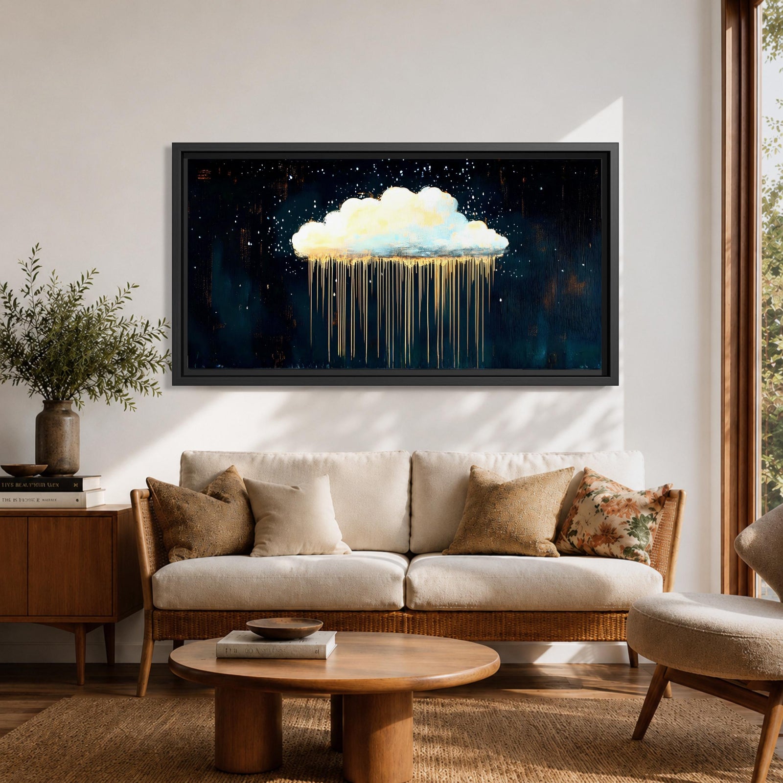 Cloud Panoramic Wall Art Abstract Gold Rain Extra Wide Framed Canvas Night Sky Decor