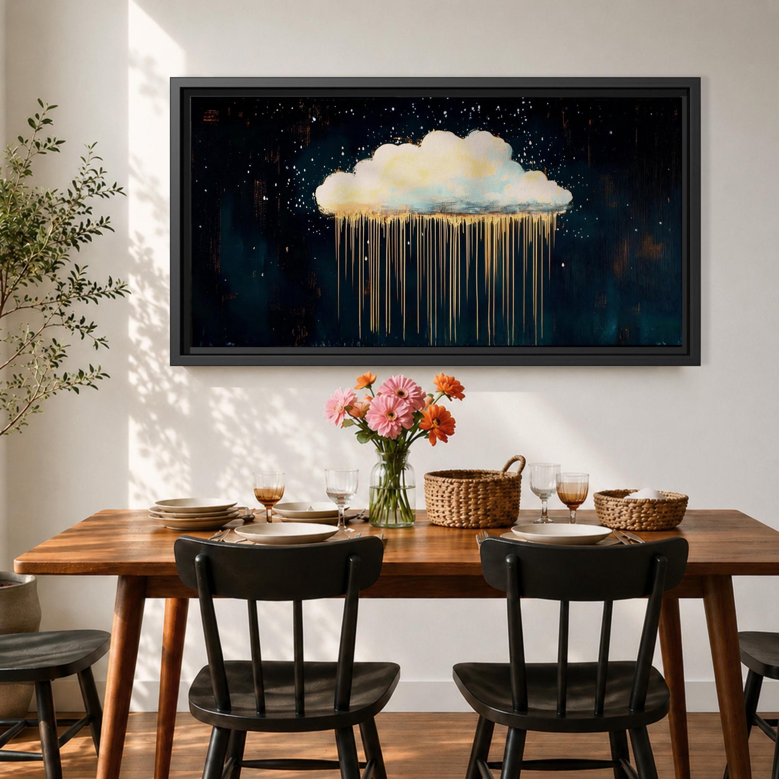Cloud Panoramic Wall Art Abstract Gold Rain Extra Wide Framed Canvas Night Sky Decor