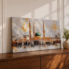 A panoramic painting of Masjid Al Nabawi featuring the iconic green dome and surrounding minarets, rendered in a textured impressionistic style with soft neutral tones and warm accents, capturing the architectural symmetry and reflective foreground across an expansive horizontal composition.