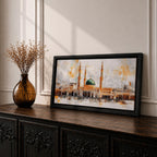 A panoramic painting of Masjid Al Nabawi featuring the iconic green dome and surrounding minarets, rendered in a textured impressionistic style with soft neutral tones and warm accents, capturing the architectural symmetry and reflective foreground across an expansive horizontal composition.