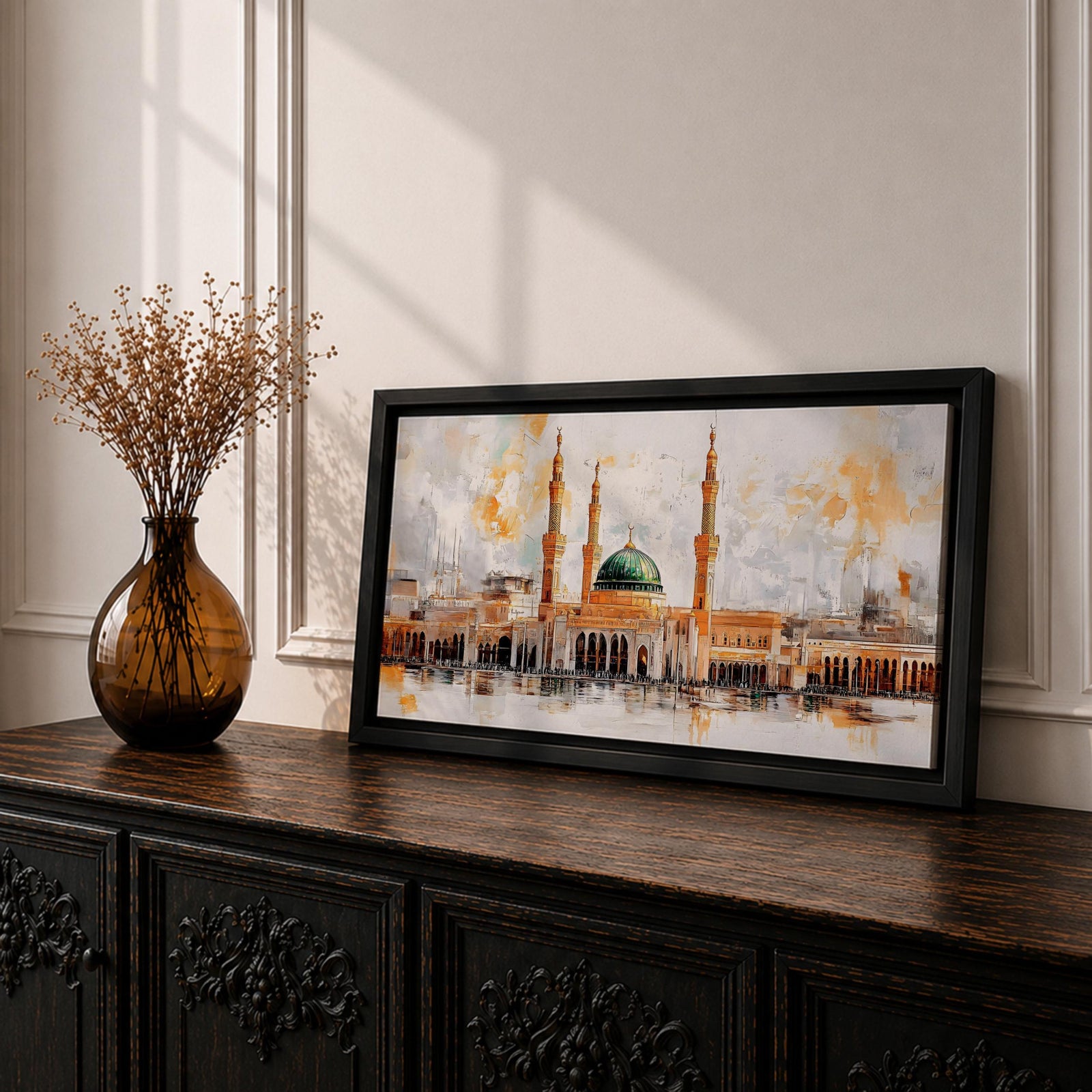 A panoramic painting of Masjid Al Nabawi featuring the iconic green dome and surrounding minarets, rendered in a textured impressionistic style with soft neutral tones and warm accents, capturing the architectural symmetry and reflective foreground across an expansive horizontal composition.