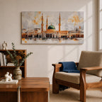 A panoramic painting of Masjid Al Nabawi featuring the iconic green dome and surrounding minarets, rendered in a textured impressionistic style with soft neutral tones and warm accents, capturing the architectural symmetry and reflective foreground across an expansive horizontal composition.