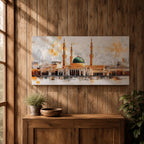 A panoramic painting of Masjid Al Nabawi featuring the iconic green dome and surrounding minarets, rendered in a textured impressionistic style with soft neutral tones and warm accents, capturing the architectural symmetry and reflective foreground across an expansive horizontal composition.