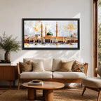 A panoramic painting of Masjid Al Nabawi featuring the iconic green dome and surrounding minarets, rendered in a textured impressionistic style with soft neutral tones and warm accents, capturing the architectural symmetry and reflective foreground across an expansive horizontal composition.