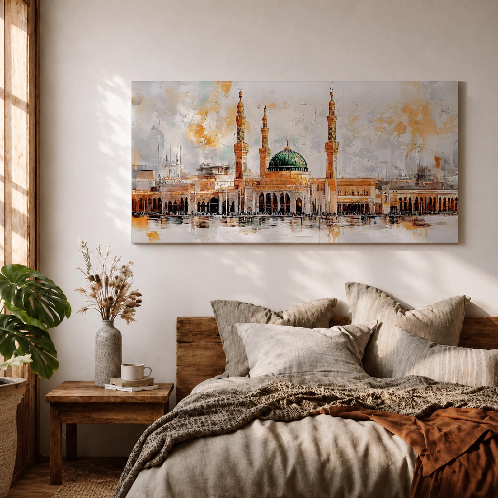 A panoramic painting of Masjid Al Nabawi featuring the iconic green dome and surrounding minarets, rendered in a textured impressionistic style with soft neutral tones and warm accents, capturing the architectural symmetry and reflective foreground across an expansive horizontal composition.
