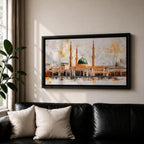 A panoramic painting of Masjid Al Nabawi featuring the iconic green dome and surrounding minarets, rendered in a textured impressionistic style with soft neutral tones and warm accents, capturing the architectural symmetry and reflective foreground across an expansive horizontal composition.