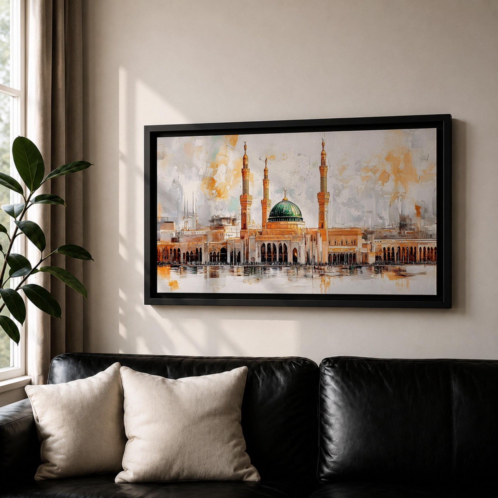 A panoramic painting of Masjid Al Nabawi featuring the iconic green dome and surrounding minarets, rendered in a textured impressionistic style with soft neutral tones and warm accents, capturing the architectural symmetry and reflective foreground across an expansive horizontal composition.