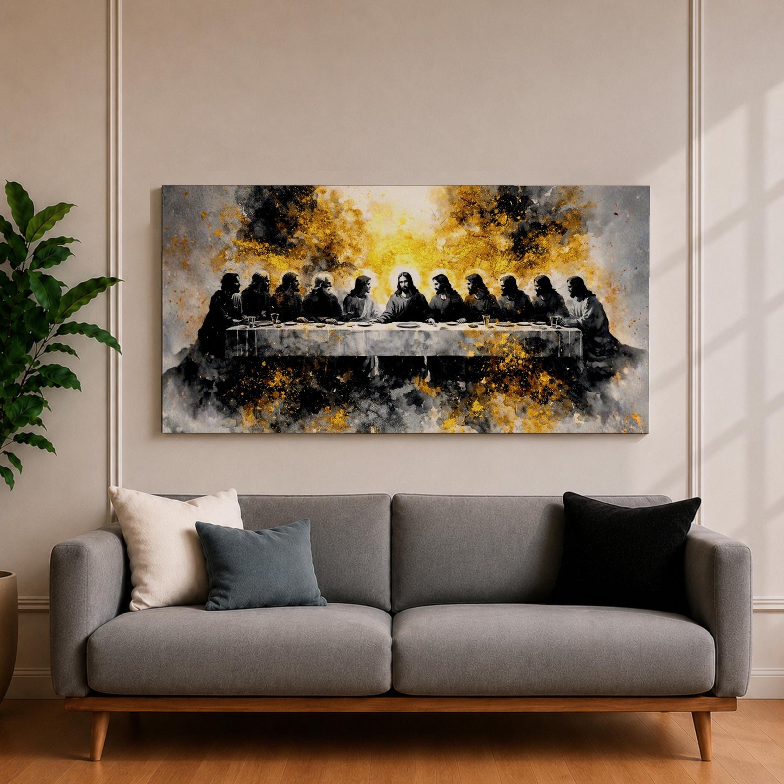 A dramatic panoramic interpretation of the Last Supper showing Jesus seated at the center with his apostles along a long table, rendered in a monochrome palette with striking gold accents and a radiant glowing aura behind Christ, creating a powerful and modern spiritual composition.