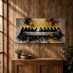 A dramatic panoramic interpretation of the Last Supper showing Jesus seated at the center with his apostles along a long table, rendered in a monochrome palette with striking gold accents and a radiant glowing aura behind Christ, creating a powerful and modern spiritual composition.