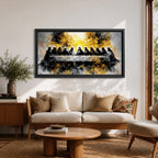 A dramatic panoramic interpretation of the Last Supper showing Jesus seated at the center with his apostles along a long table, rendered in a monochrome palette with striking gold accents and a radiant glowing aura behind Christ, creating a powerful and modern spiritual composition.
