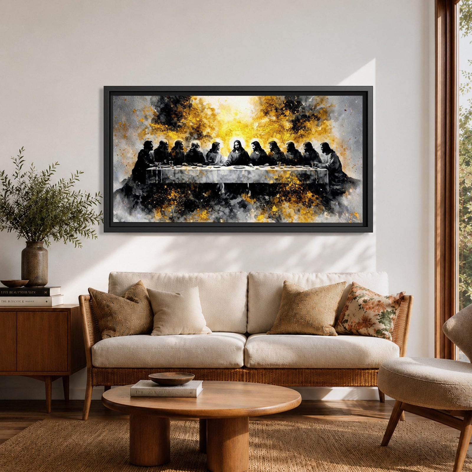 A dramatic panoramic interpretation of the Last Supper showing Jesus seated at the center with his apostles along a long table, rendered in a monochrome palette with striking gold accents and a radiant glowing aura behind Christ, creating a powerful and modern spiritual composition.