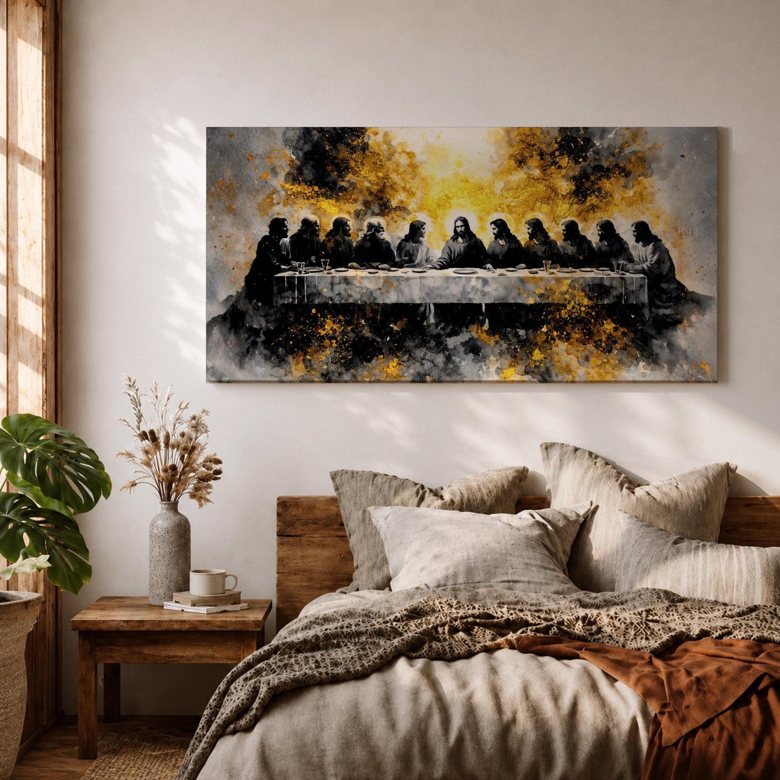 A dramatic panoramic interpretation of the Last Supper showing Jesus seated at the center with his apostles along a long table, rendered in a monochrome palette with striking gold accents and a radiant glowing aura behind Christ, creating a powerful and modern spiritual composition.