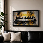 A dramatic panoramic interpretation of the Last Supper showing Jesus seated at the center with his apostles along a long table, rendered in a monochrome palette with striking gold accents and a radiant glowing aura behind Christ, creating a powerful and modern spiritual composition.